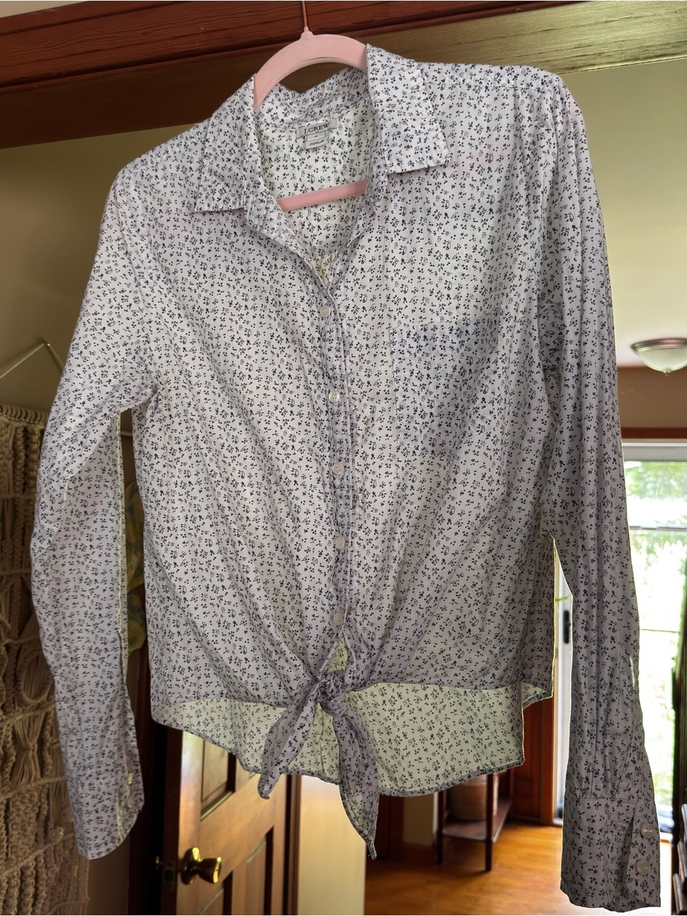 J Crew long sleeve blouse white blue ditsy floral button down tie front size M